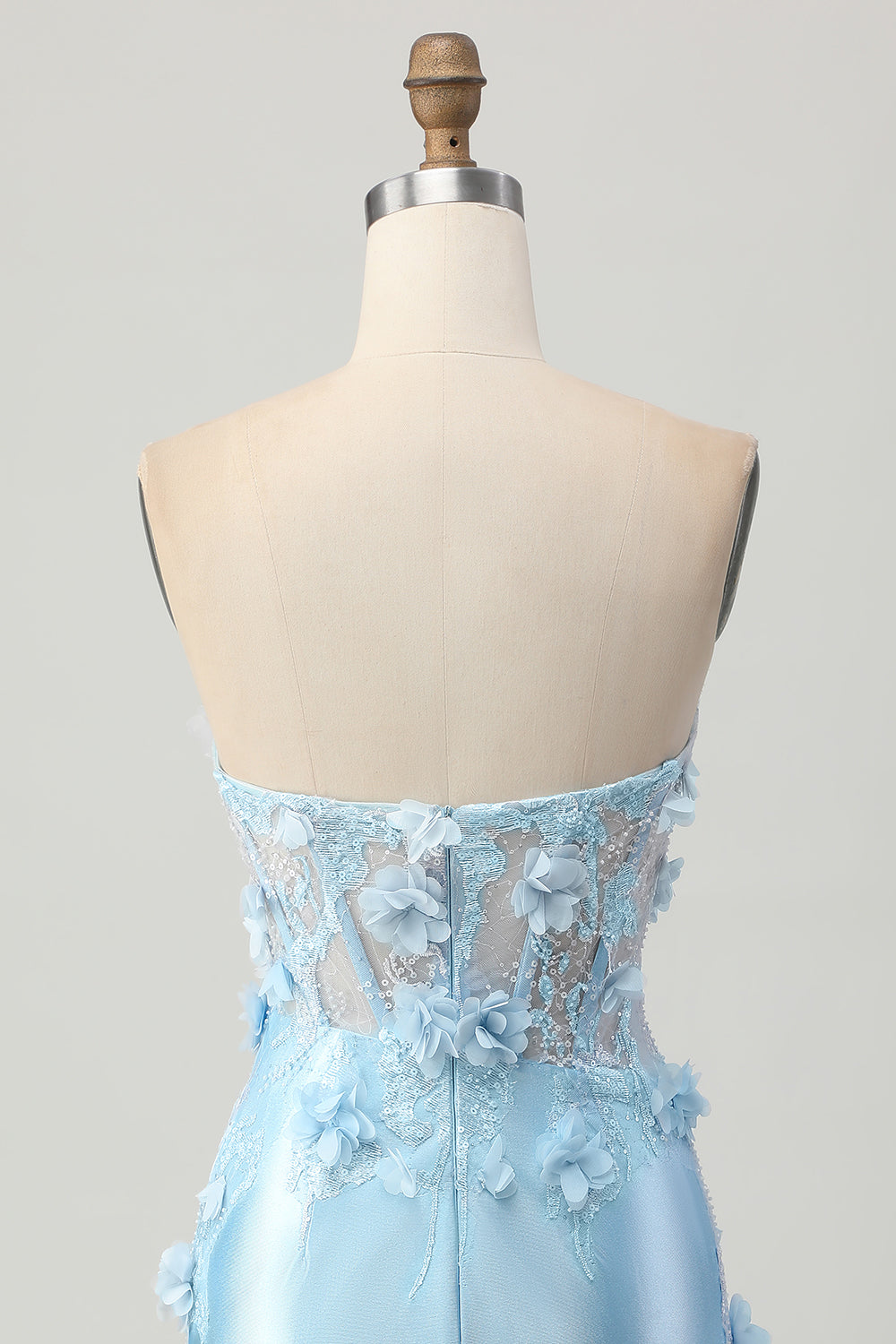 Sky Blue Corset Ruched Floral Tight Short Satin Homecoming Dress