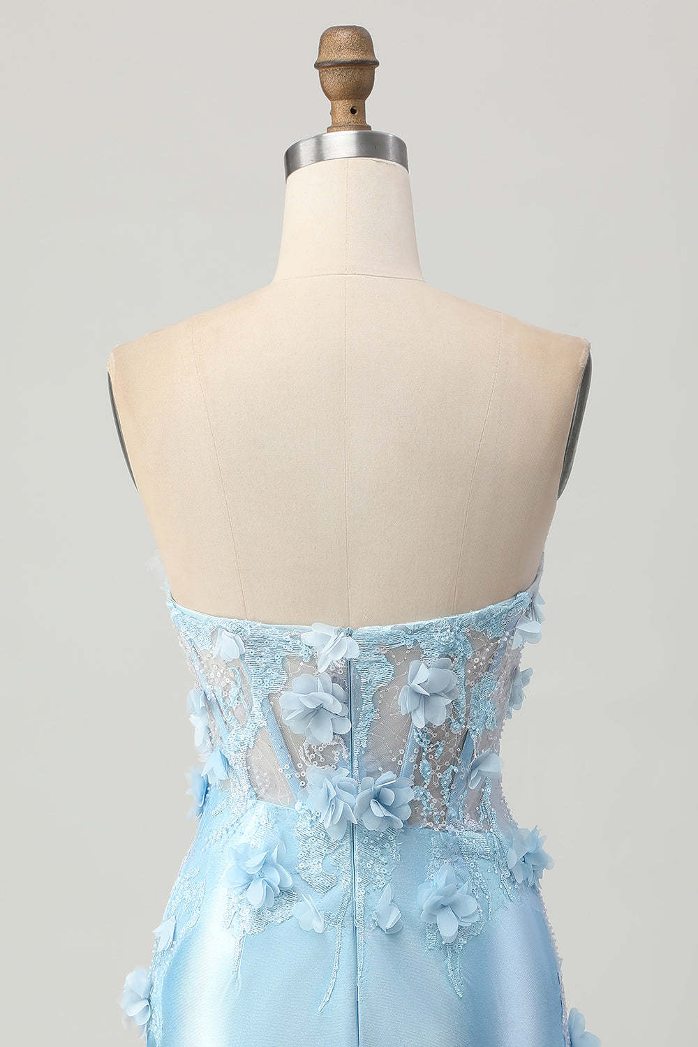 Sky Blue Corset Ruched Floral Tight Short Satin Homecoming Dress