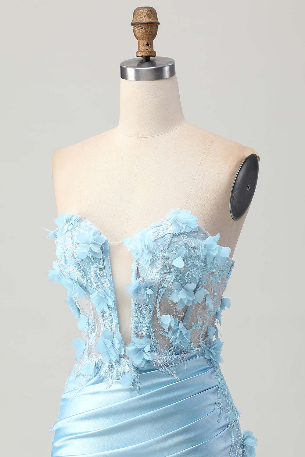 Sky Blue Corset Ruched Floral Tight Short Satin Homecoming Dress