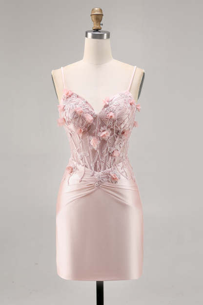 Leely Women Sparkly Pink Corset Satin Short Floral Homecoming Dress Tight Appliqued Spaghetti Straps Cocktail Dress