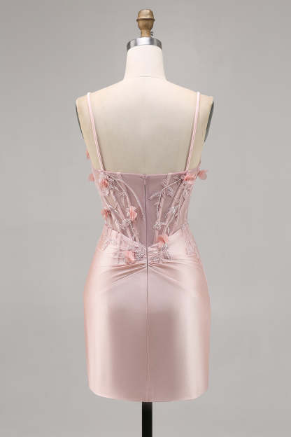 Pink Corset Satin Floral Short Tight Appliqued Homecoming Dress