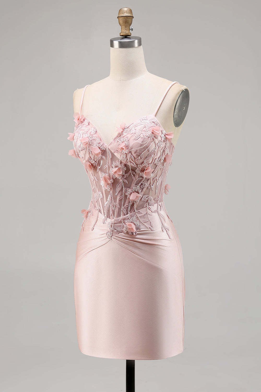 Pink Corset Satin Floral Short Tight Appliqued Homecoming Dress