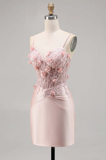 Pink Corset Satin Floral Short Tight Appliqued Homecoming Dress