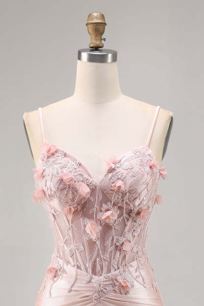 Pink Corset Satin Floral Short Tight Appliqued Homecoming Dress