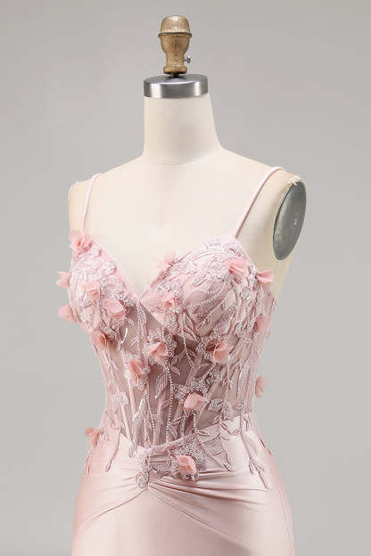 Pink Corset Satin Floral Short Tight Appliqued Homecoming Dress
