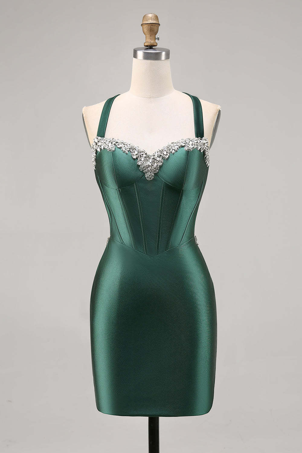 Dark Green Corset Satin Short Tight Sparkly Homecoming Dress with Beading