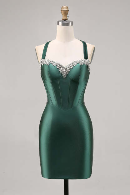 Dark Green Corset Satin Short Tight Sparkly Homecoming Dress with Beading