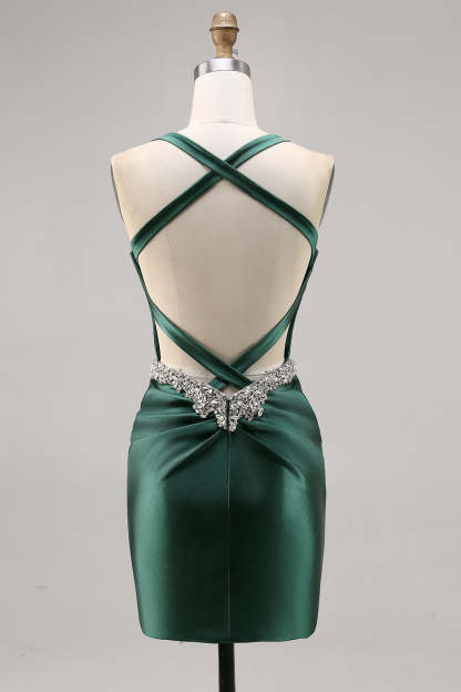 Dark Green Corset Satin Short Tight Sparkly Homecoming Dress with Beading