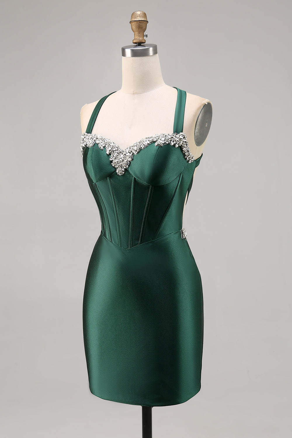 Dark Green Corset Satin Short Tight Sparkly Homecoming Dress with Beading