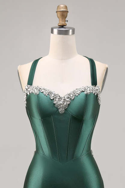 Dark Green Corset Satin Short Tight Sparkly Homecoming Dress with Beading