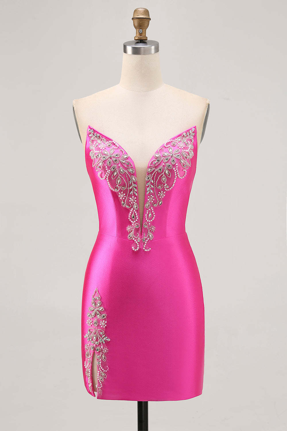 Sparkly Short Fuchsia Satin Tight Strapless Homecoming Dress with Rhinestones