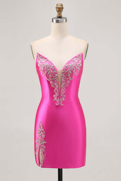 Sparkly Short Fuchsia Satin Tight Strapless Homecoming Dress with Rhinestones