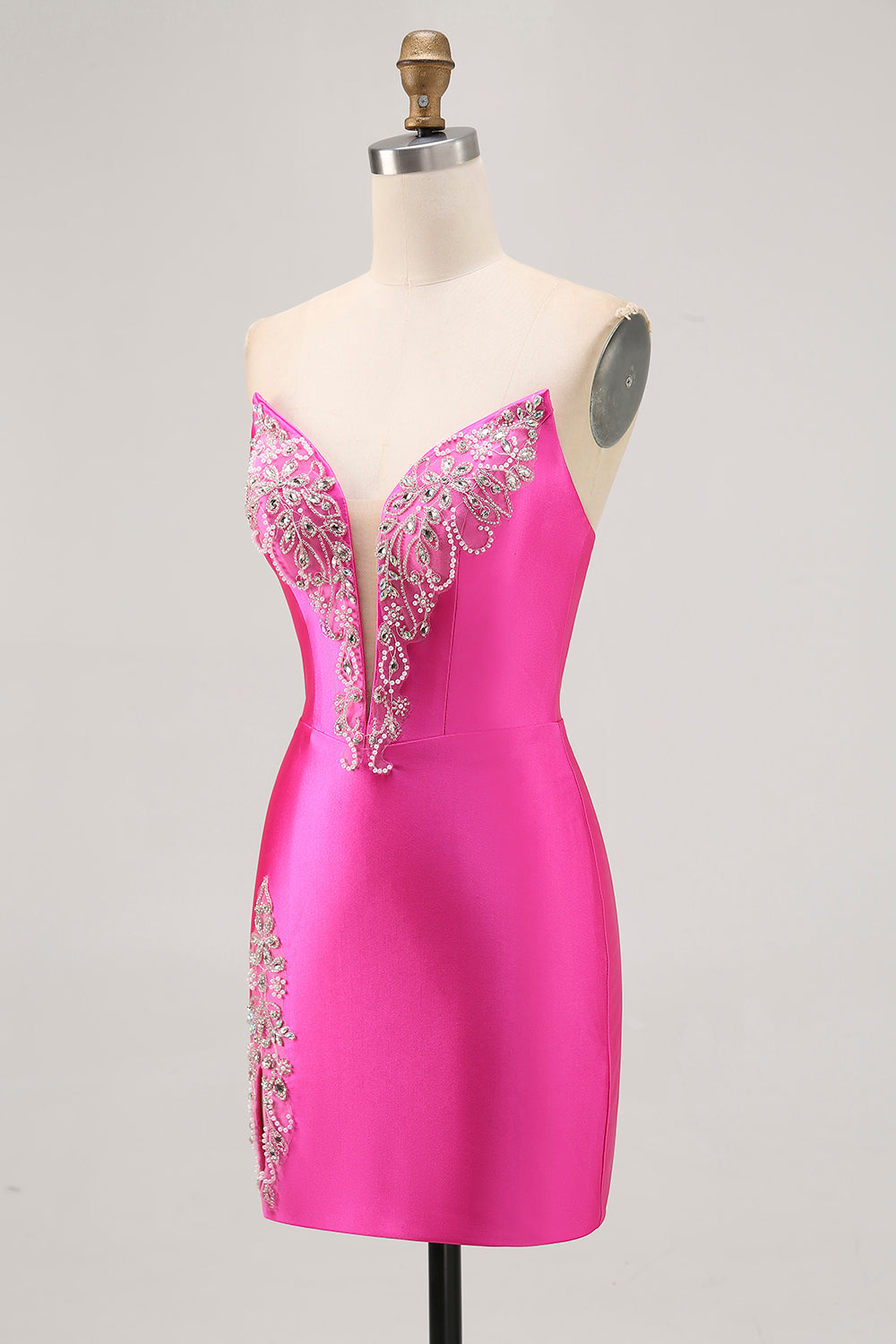 Sparkly Short Fuchsia Satin Tight Strapless Homecoming Dress with Rhinestones