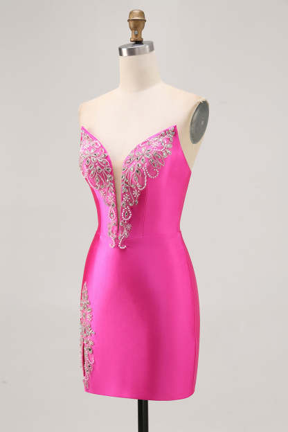 Sparkly Short Fuchsia Satin Tight Strapless Homecoming Dress with Rhinestones
