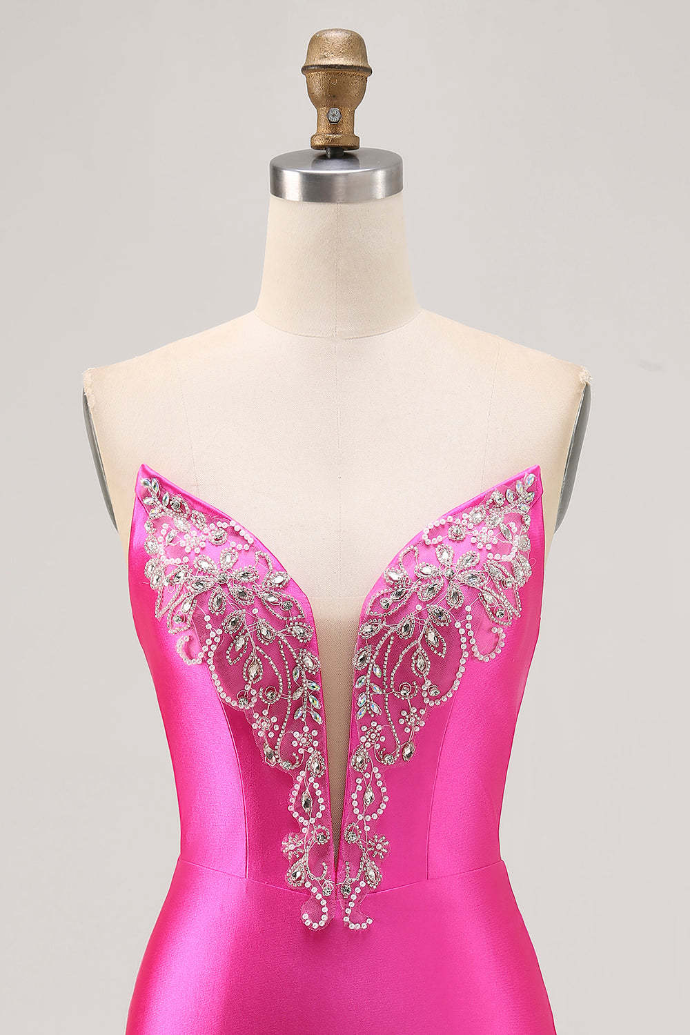 Sparkly Short Fuchsia Satin Tight Strapless Homecoming Dress with Rhinestones