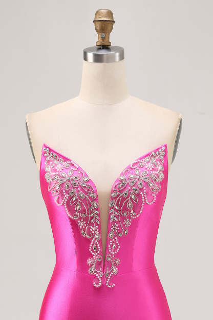 Sparkly Short Fuchsia Satin Tight Strapless Homecoming Dress with Rhinestones