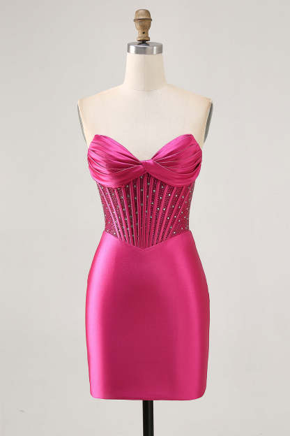 Leely Women Sparkly Fuchsia Tight Corset Mini Homecoming Dress Satin Strapless Ruched Cocktail Dress with Beading