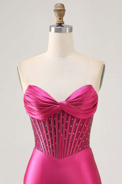 Sparkly Fuchsia Tight Corset Strapless Mini Satin Homecoming Dress