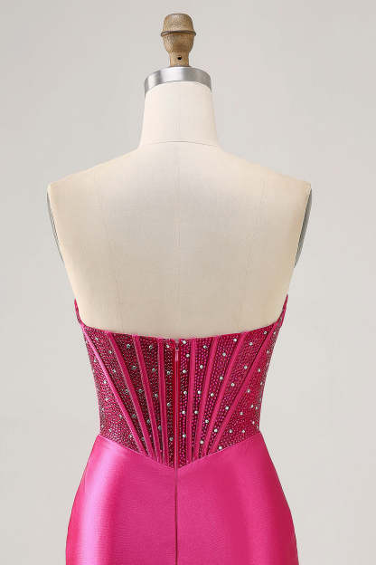 Sparkly Fuchsia Tight Corset Strapless Mini Satin Homecoming Dress