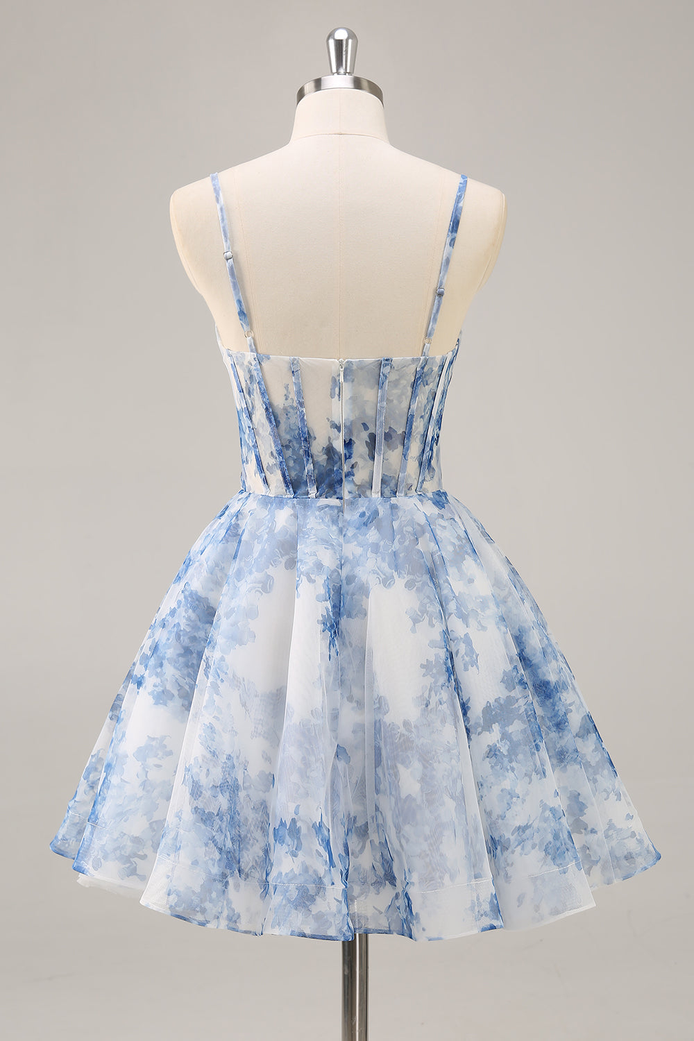 White and Blue Corset Floral Ruched A Line Short Homecoming Dress