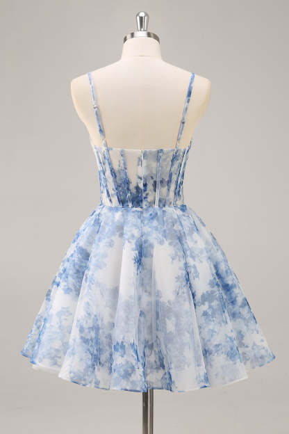White and Blue Corset Floral Ruched A Line Short Homecoming Dress