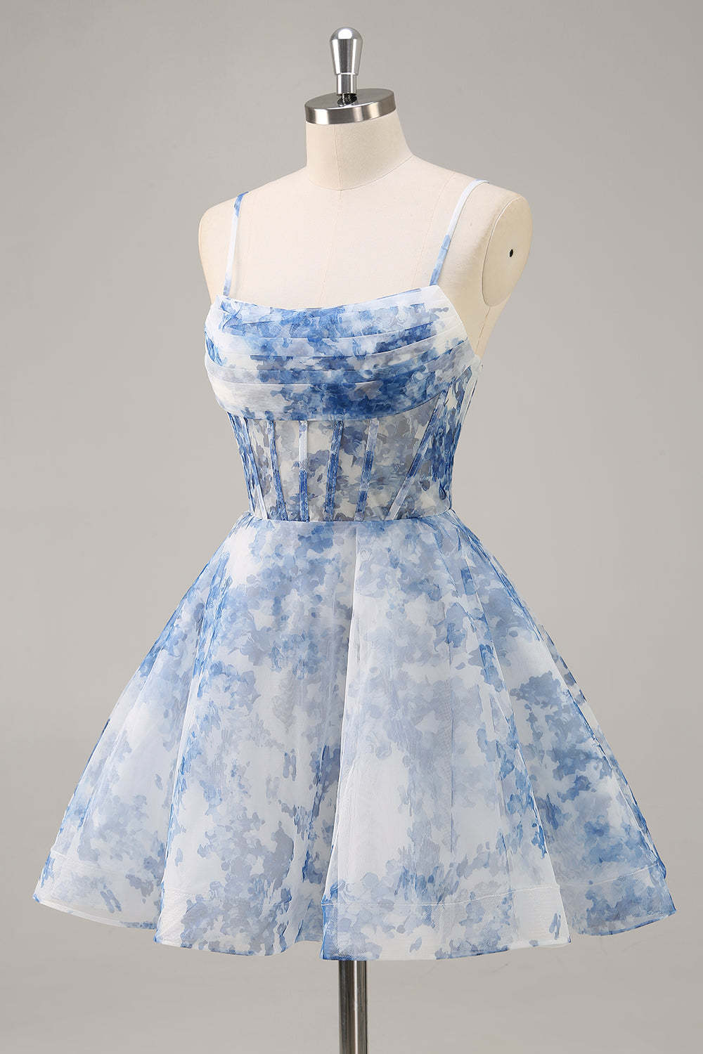 White and Blue Corset Floral Ruched A Line Short Homecoming Dress