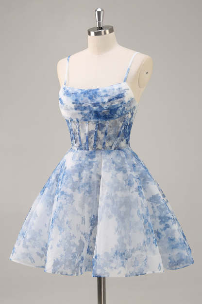White and Blue Corset Floral Ruched A Line Short Homecoming Dress