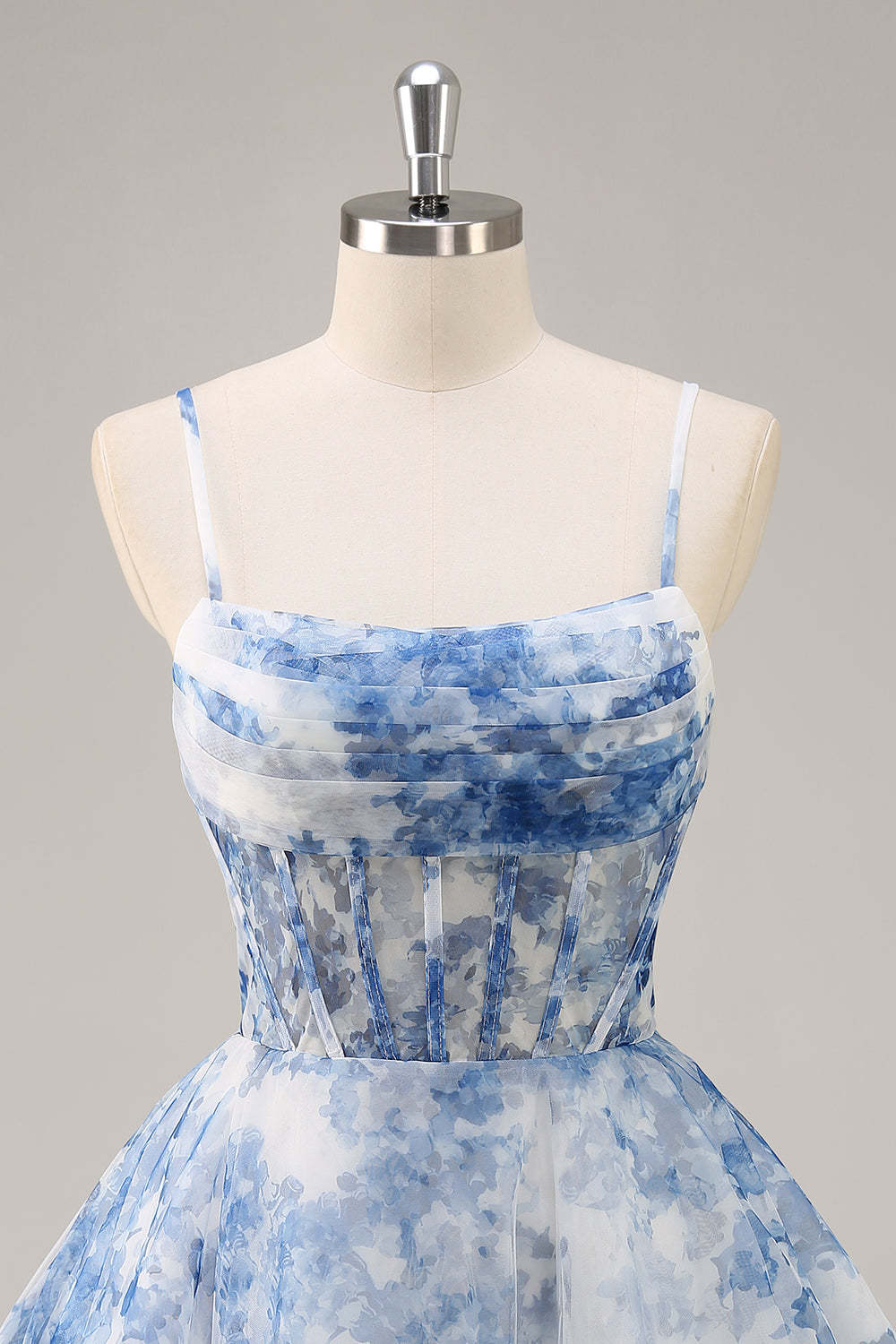 White and Blue Corset Floral Ruched A Line Short Homecoming Dress