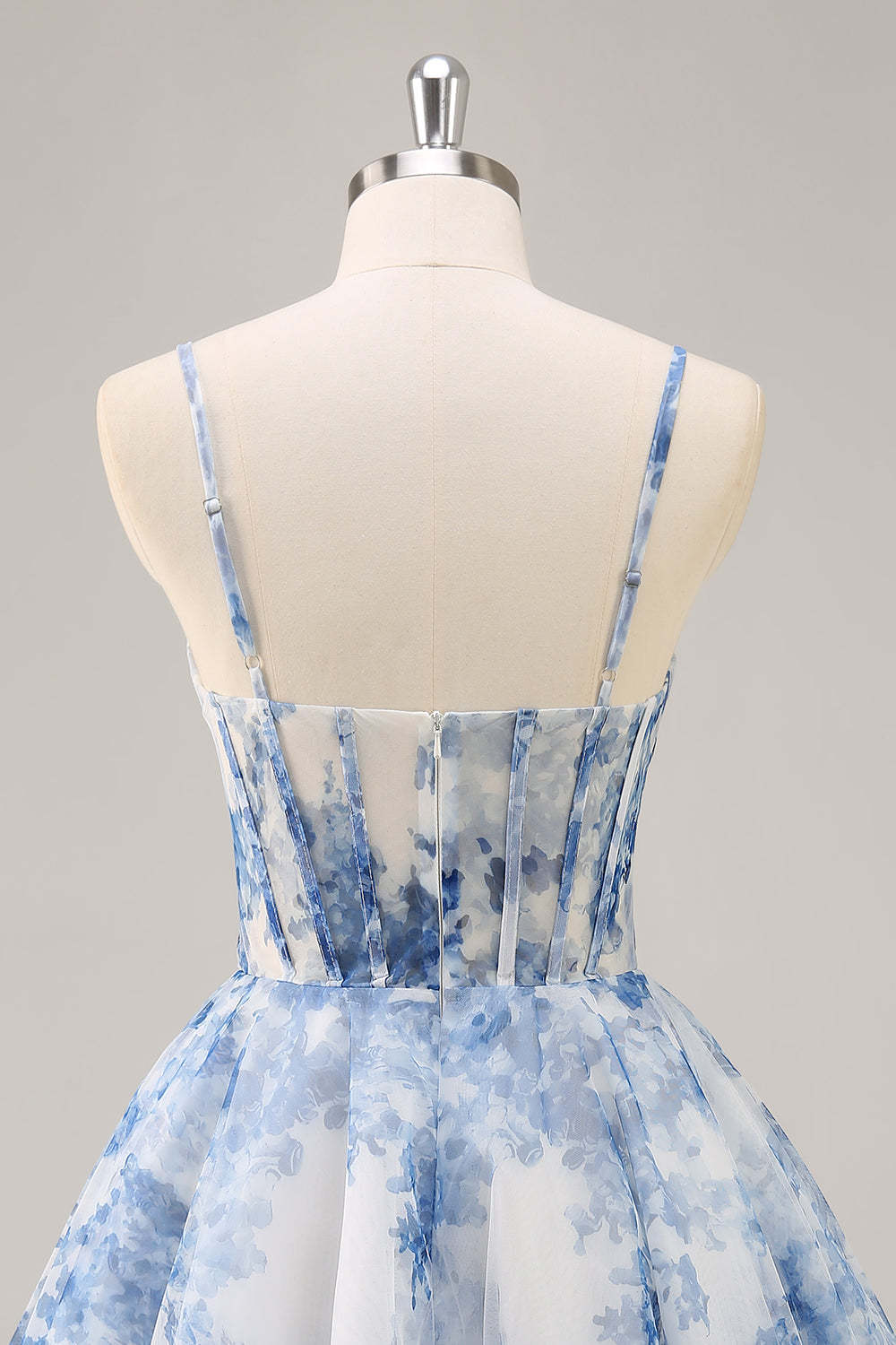 White and Blue Corset Floral Ruched A Line Short Homecoming Dress