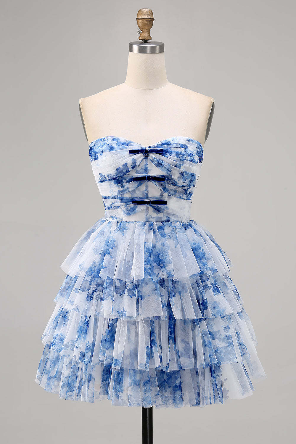 Leely Women White and Blue Floral Short Homecoming Dress with Bows Tulle Ruffled A Line Tiered Sweetheart Ruched Lace Up Back Cocktail Dress