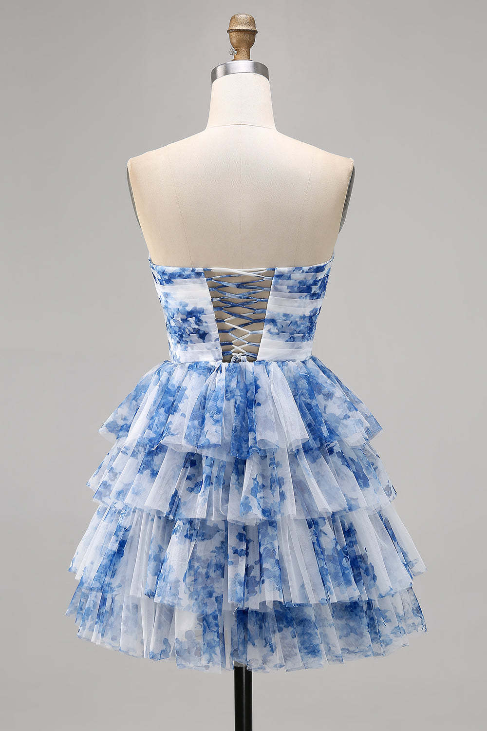White and Blue Floral Ruffled Sweetheart Short A Line Homecoming Dress