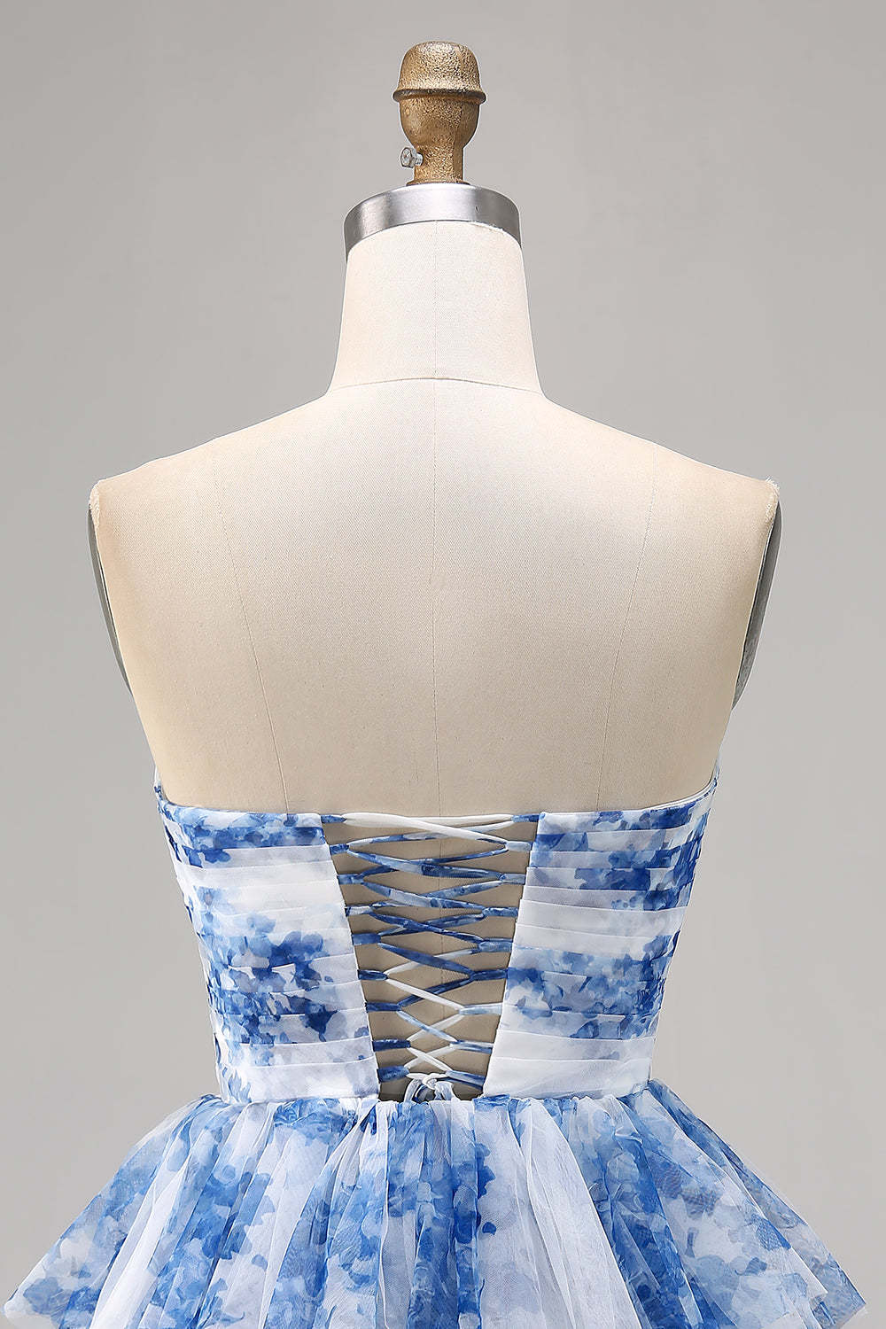 White and Blue Floral Ruffled Sweetheart Short A Line Homecoming Dress