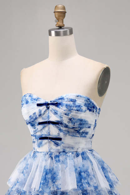 White and Blue Floral Ruffled Sweetheart Short A Line Homecoming Dress