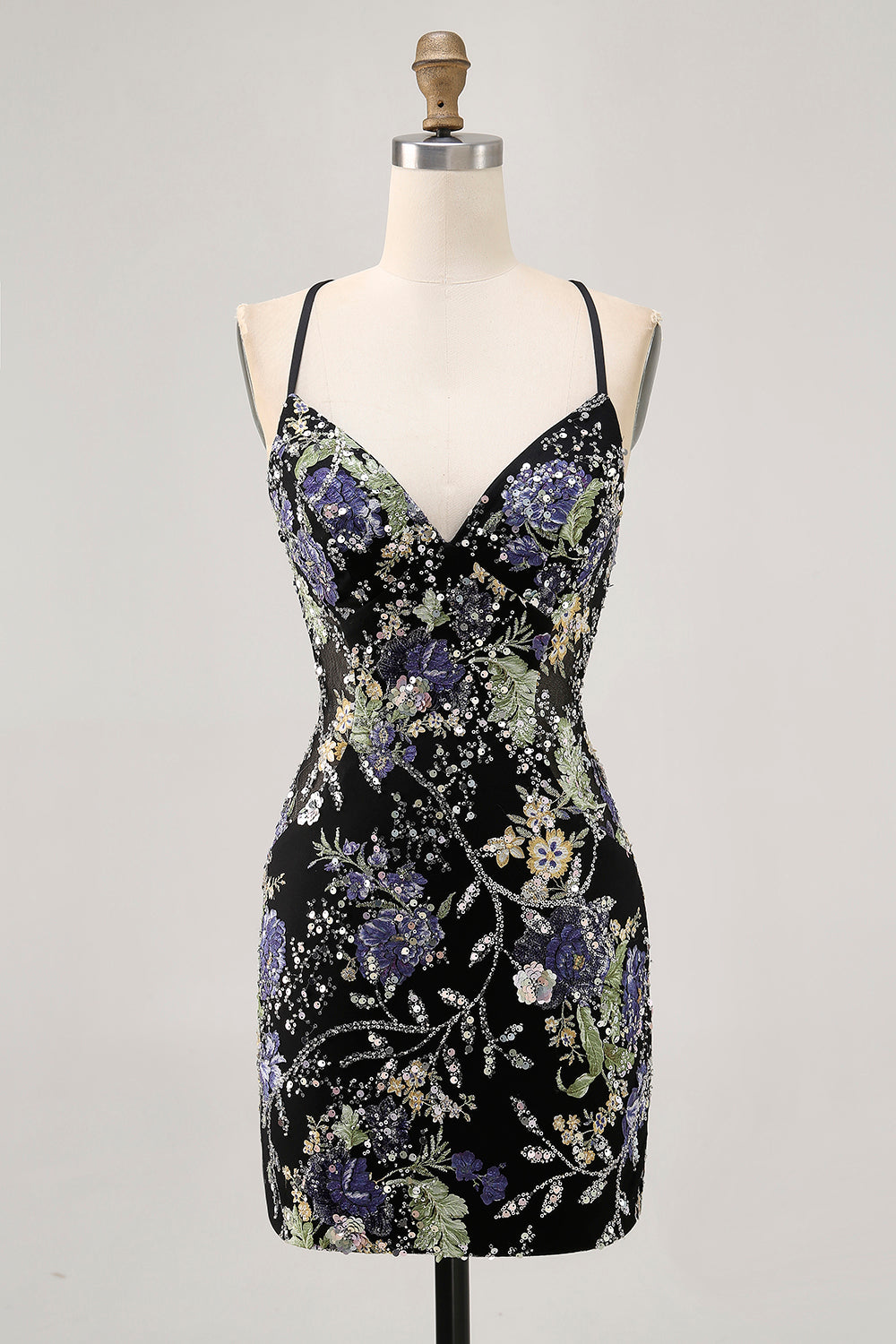 Sparkly Black Floral Tight Sequined Short Homecoming Dress with Beading