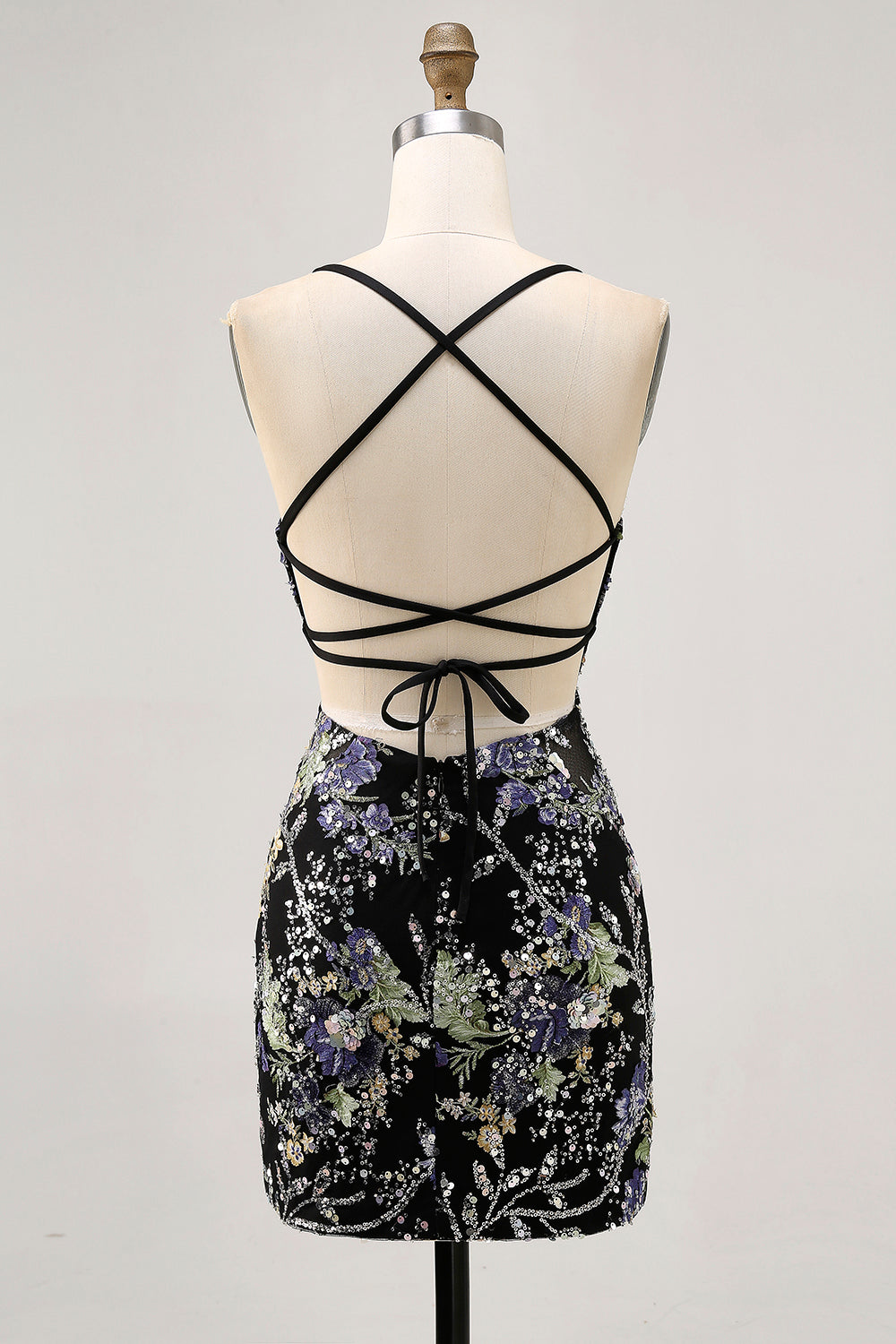 Sparkly Black Floral Tight Sequined Short Homecoming Dress with Beading