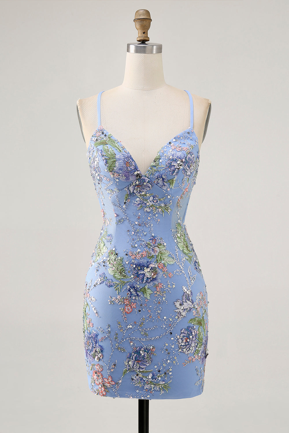 Sparkly Blue Floral Tight Sequined Short Homecoming Dress with Beading