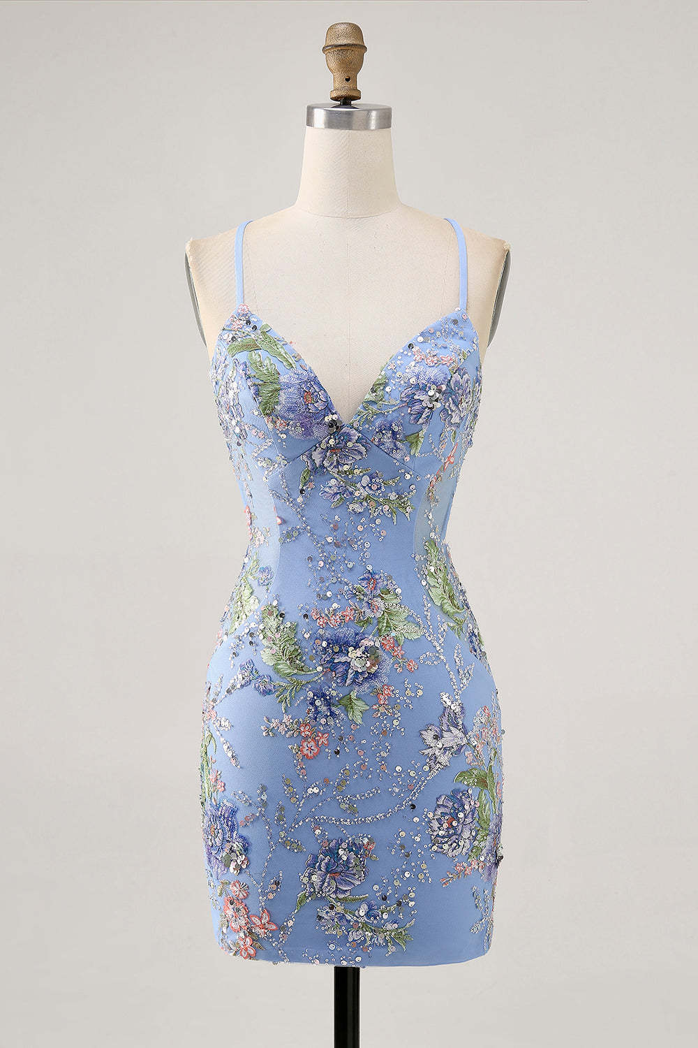 Sparkly Lilac Tight Beaded Floral Sequined Mini Homecoming Dress