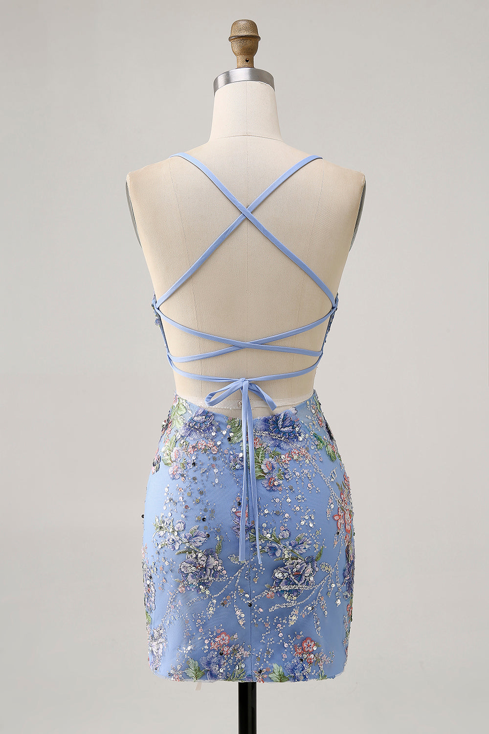 Sparkly Blue Floral Tight Sequined Short Homecoming Dress with Beading