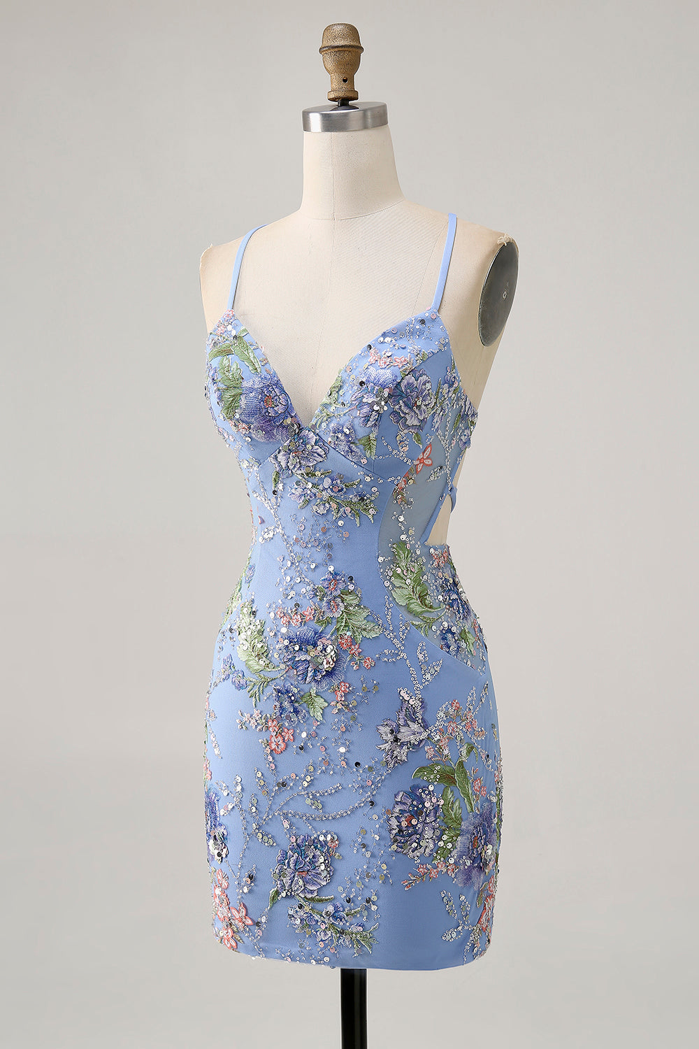Sparkly Lilac Tight Beaded Floral Sequined Mini Homecoming Dress