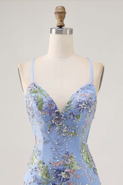 Sparkly Lilac Tight Beaded Floral Sequined Mini Homecoming Dress