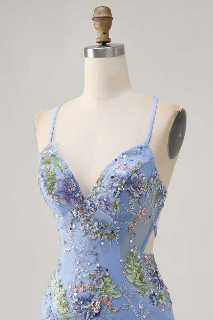 Sparkly Lilac Tight Beaded Floral Sequined Mini Homecoming Dress