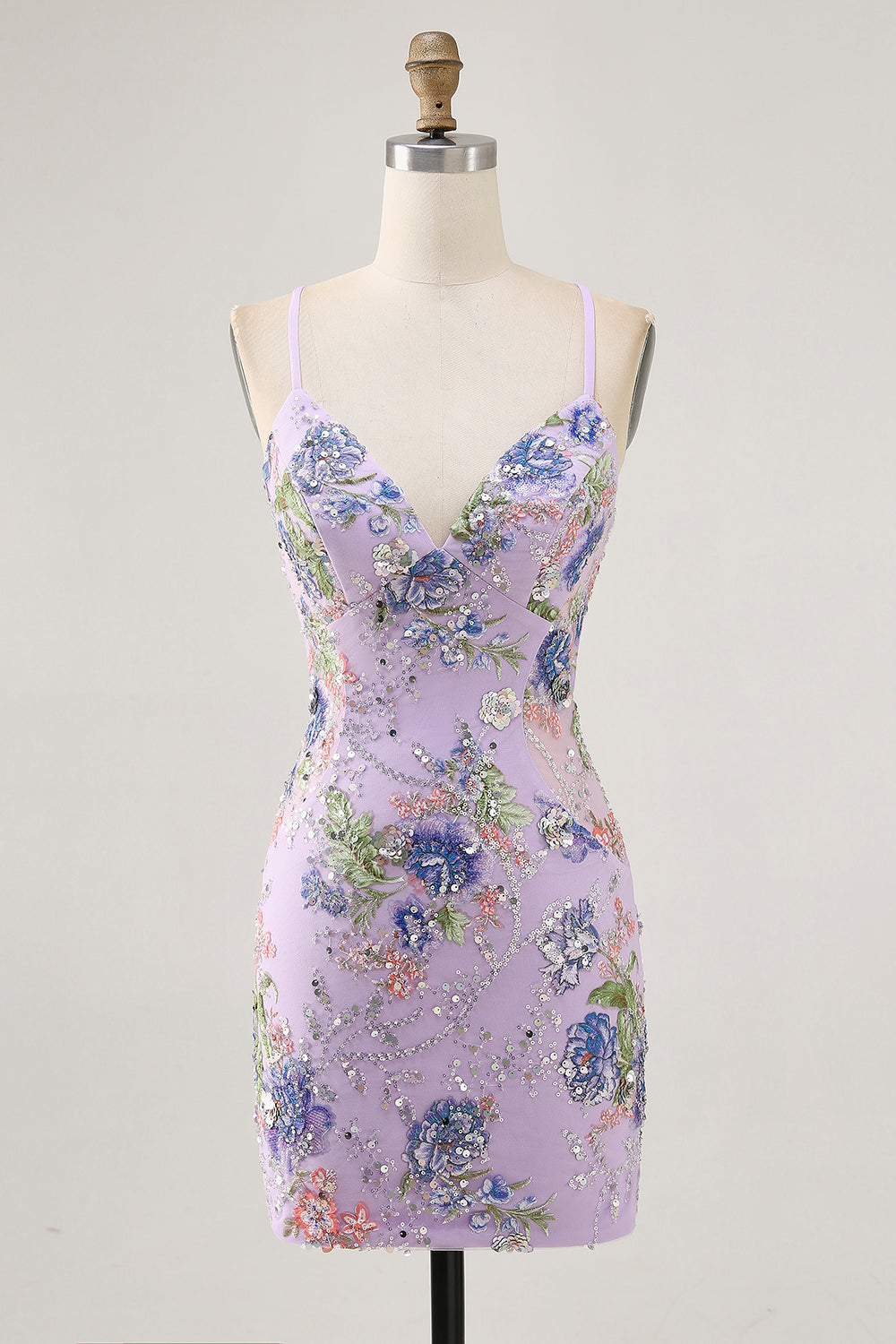 Sparkly Lilac Tight Beaded Floral Sequined Mini Homecoming Dress