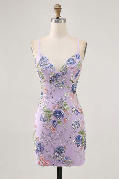 Leely Women Sparkly Lilac Tight Floral Mini Homecoming Dress with Sequins Spaghetti Straps Beaded Criss Crossed Back Cocktail Dress