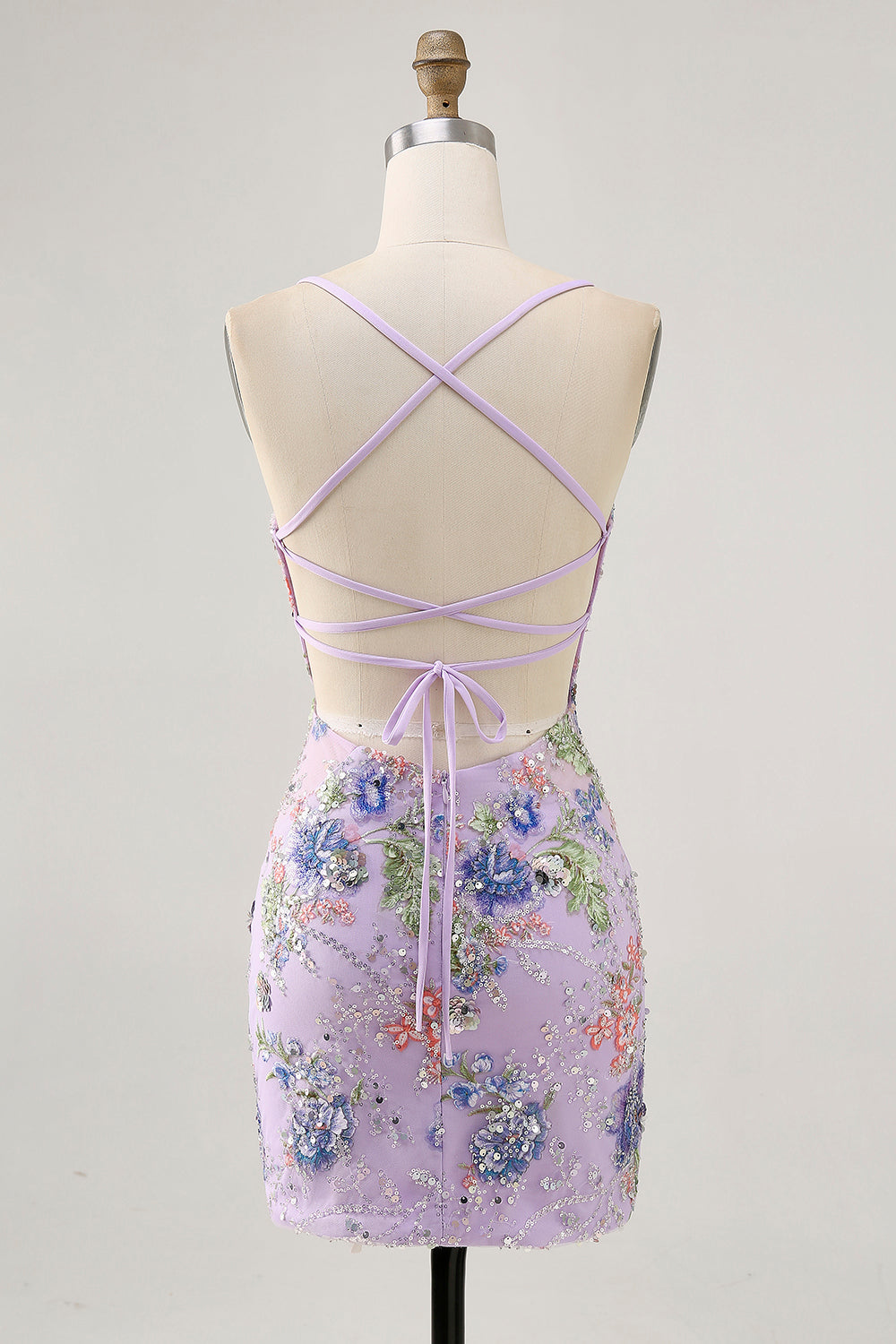 Sparkly Lilac Tight Beaded Floral Sequined Mini Homecoming Dress