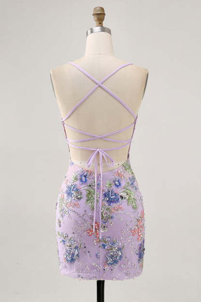 Sparkly Lilac Tight Beaded Floral Sequined Mini Homecoming Dress