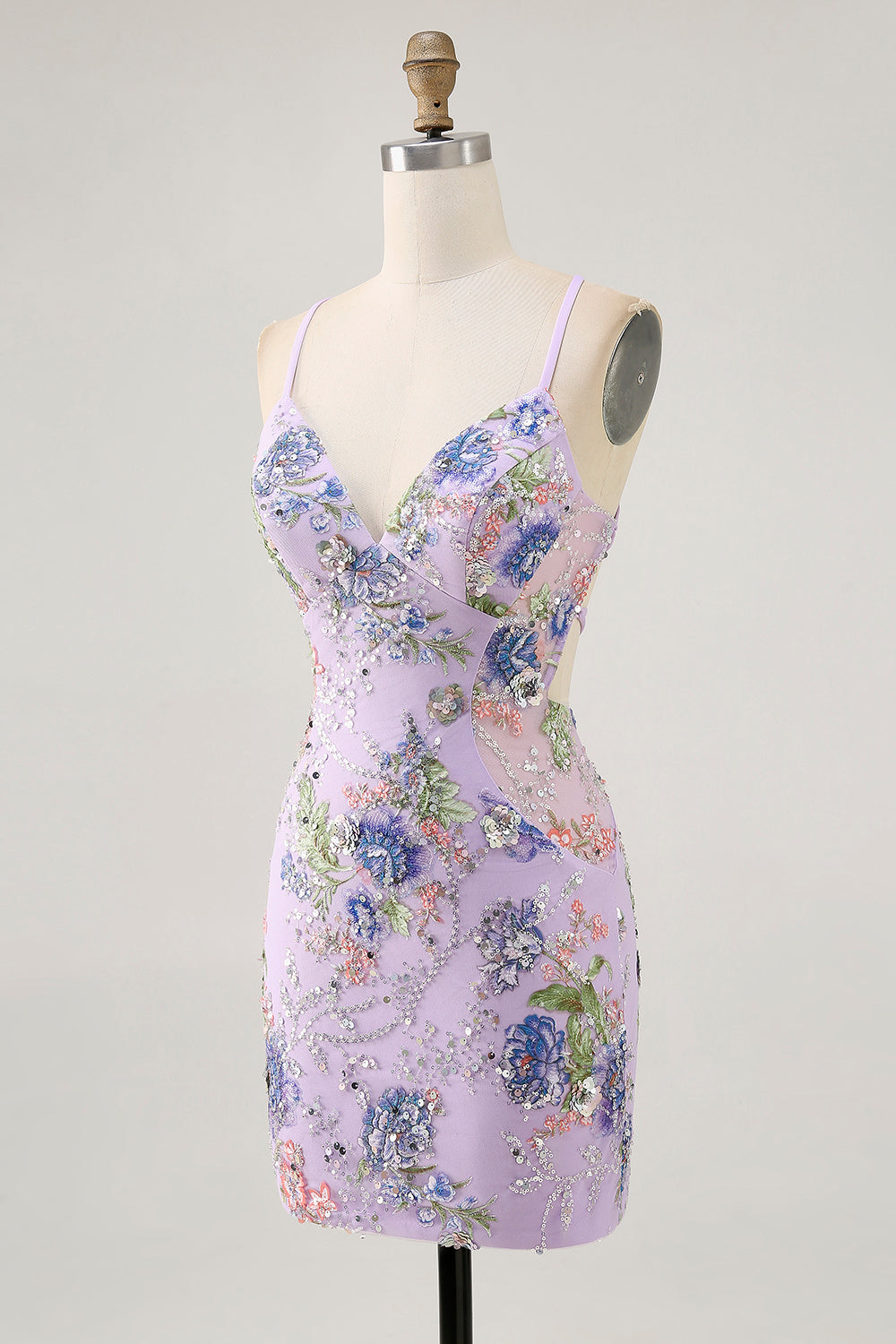 Sparkly Lilac Tight Beaded Floral Sequined Mini Homecoming Dress