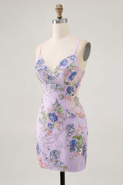 Sparkly Lilac Tight Beaded Floral Sequined Mini Homecoming Dress