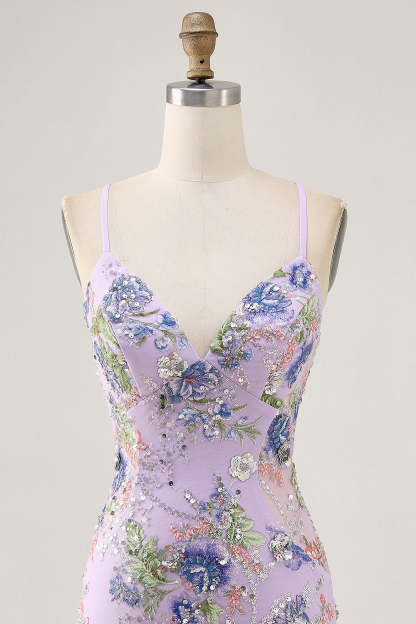 Sparkly Lilac Tight Beaded Floral Sequined Mini Homecoming Dress