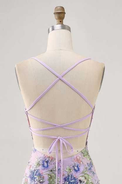 Sparkly Lilac Tight Beaded Floral Sequined Mini Homecoming Dress