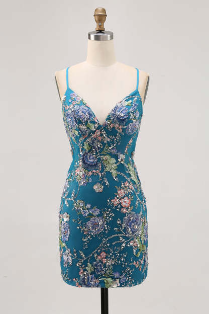 Leely Women Sparkly Peacock Floral Sequins Tight Short Homecoming Dress Satin Beaded Spaghetti Straps Criss Crossed Back Cocktail Dress